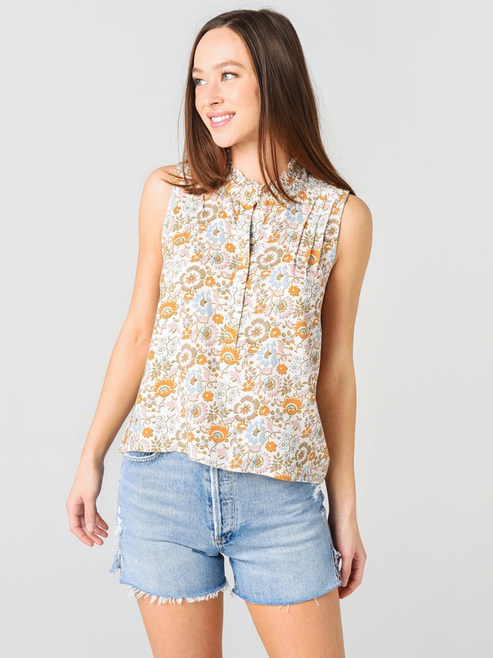 FAHERTY Faith Floral Pintuck Sleeveless Top